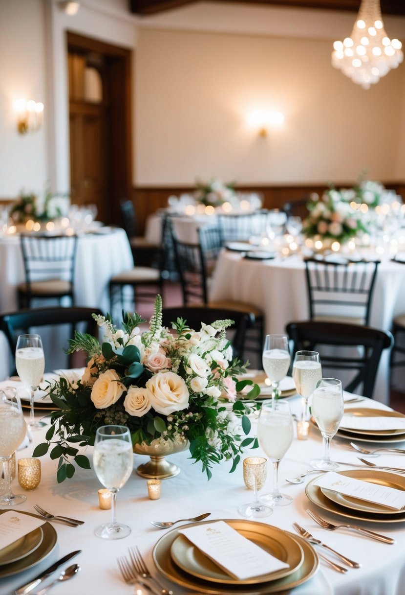 A beautifully decorated table with floral centerpieces and elegant place settings for a wedding celebration