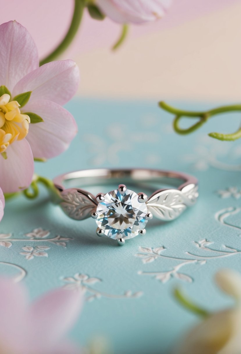 A sparkling birthstone ring nestled among delicate floral and vine engravings, set against a soft pastel background