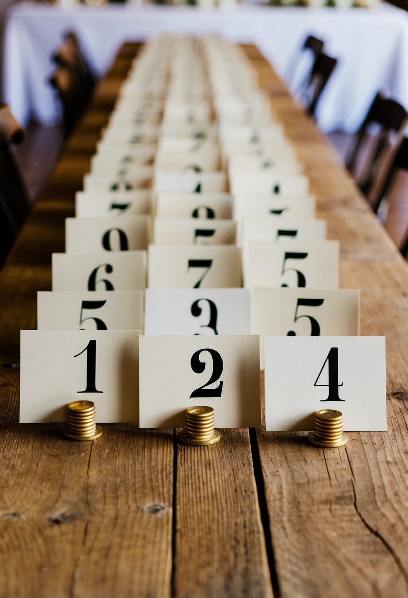 Vintage postcards arranged in a neat row on rustic wooden table, each displaying a different number, serving as unique and charming table numbers for a wedding reception