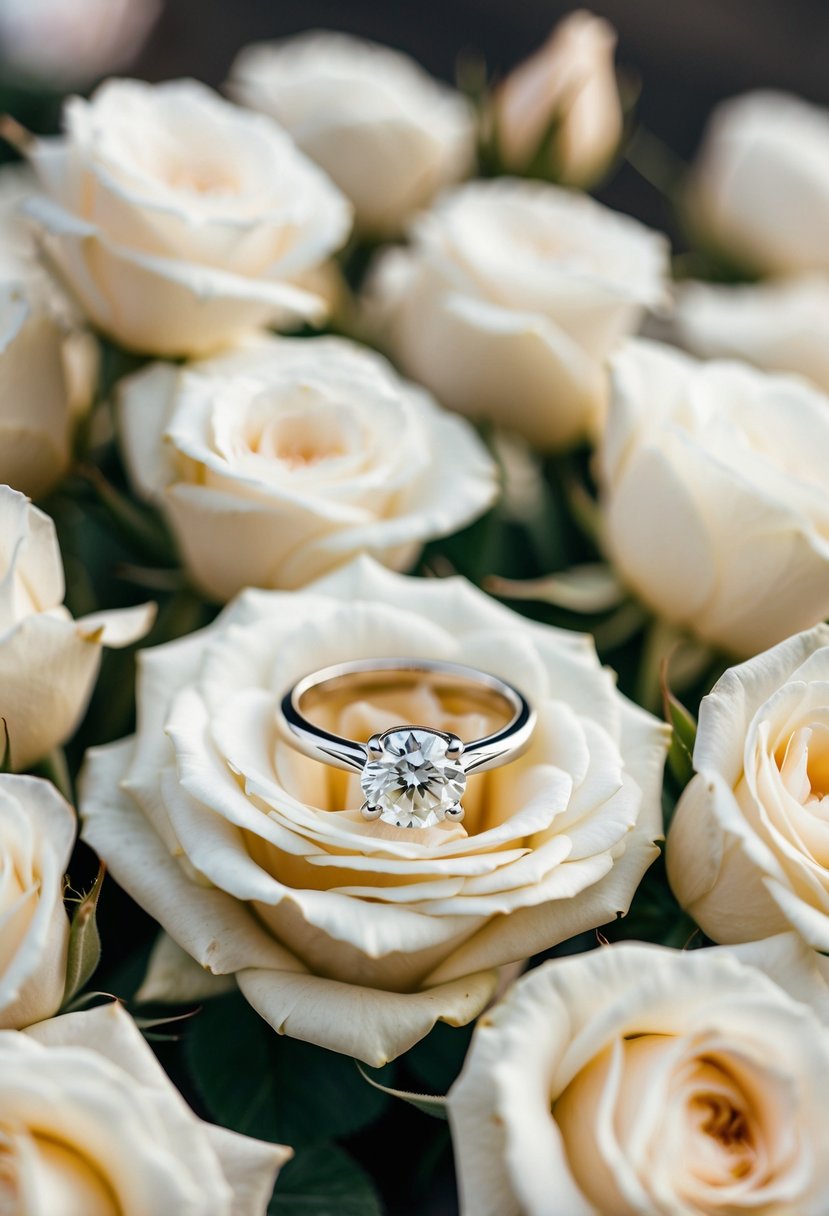 A platinum solitaire ring resting on a bed of delicate white roses