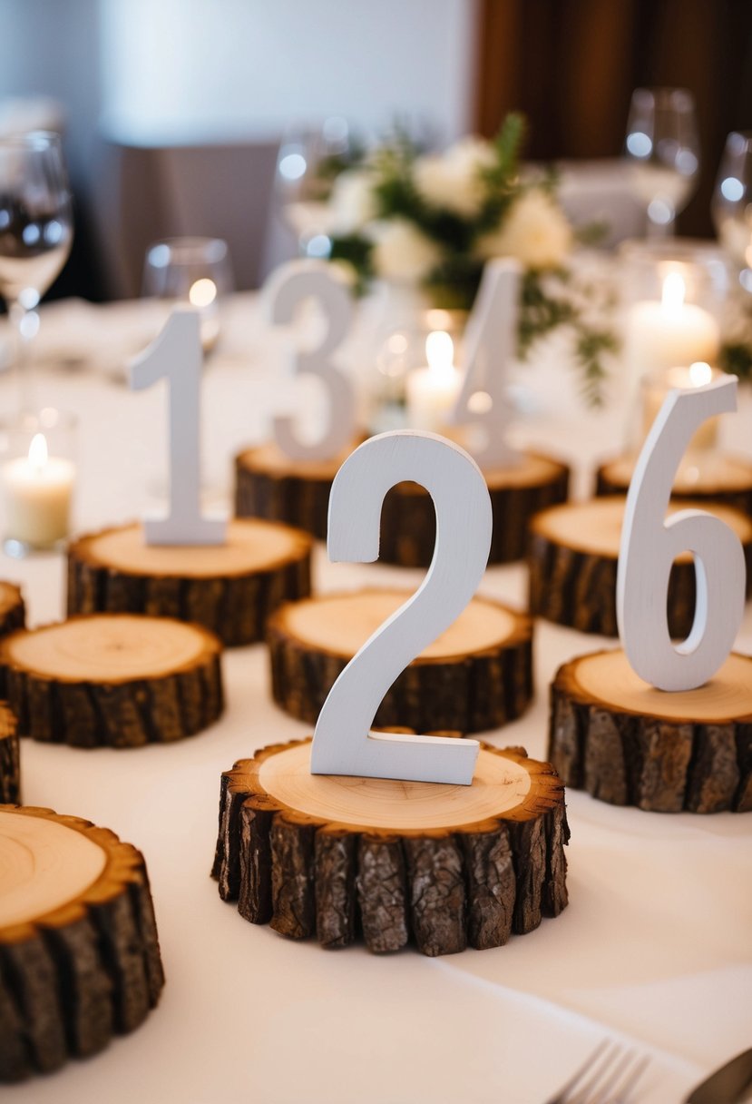 Rustic log slices with painted numbers arranged on a table for a wedding reception