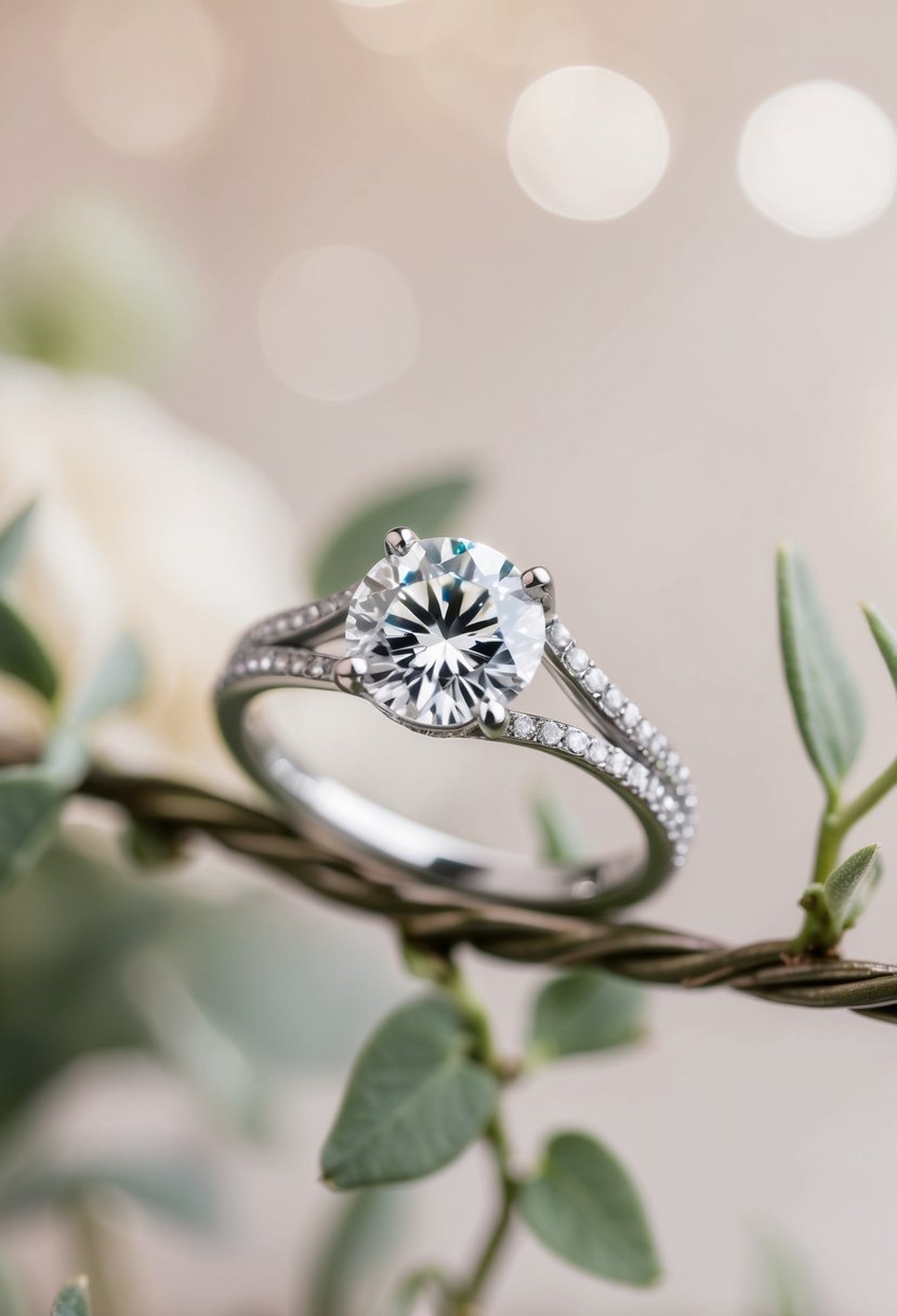 A sparkling diamond ring entwined with a delicate vine of twisted metal, set against a soft, romantic backdrop