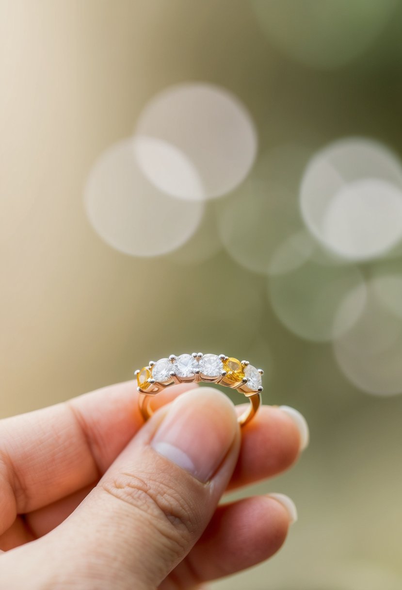 A hand holding a sparkling wedding ring with alternating yellow and white diamonds against a soft, blurred background