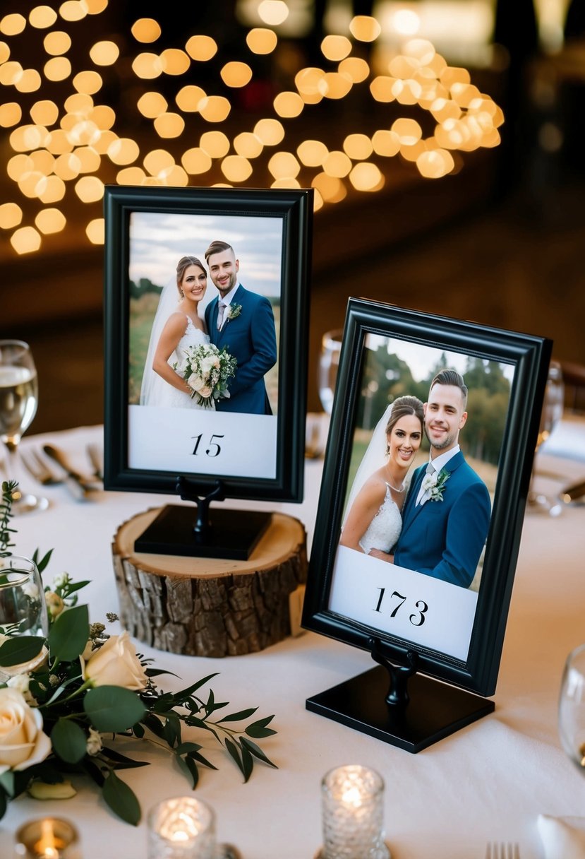 A table with photo frames displaying couple's photos for wedding table numbers