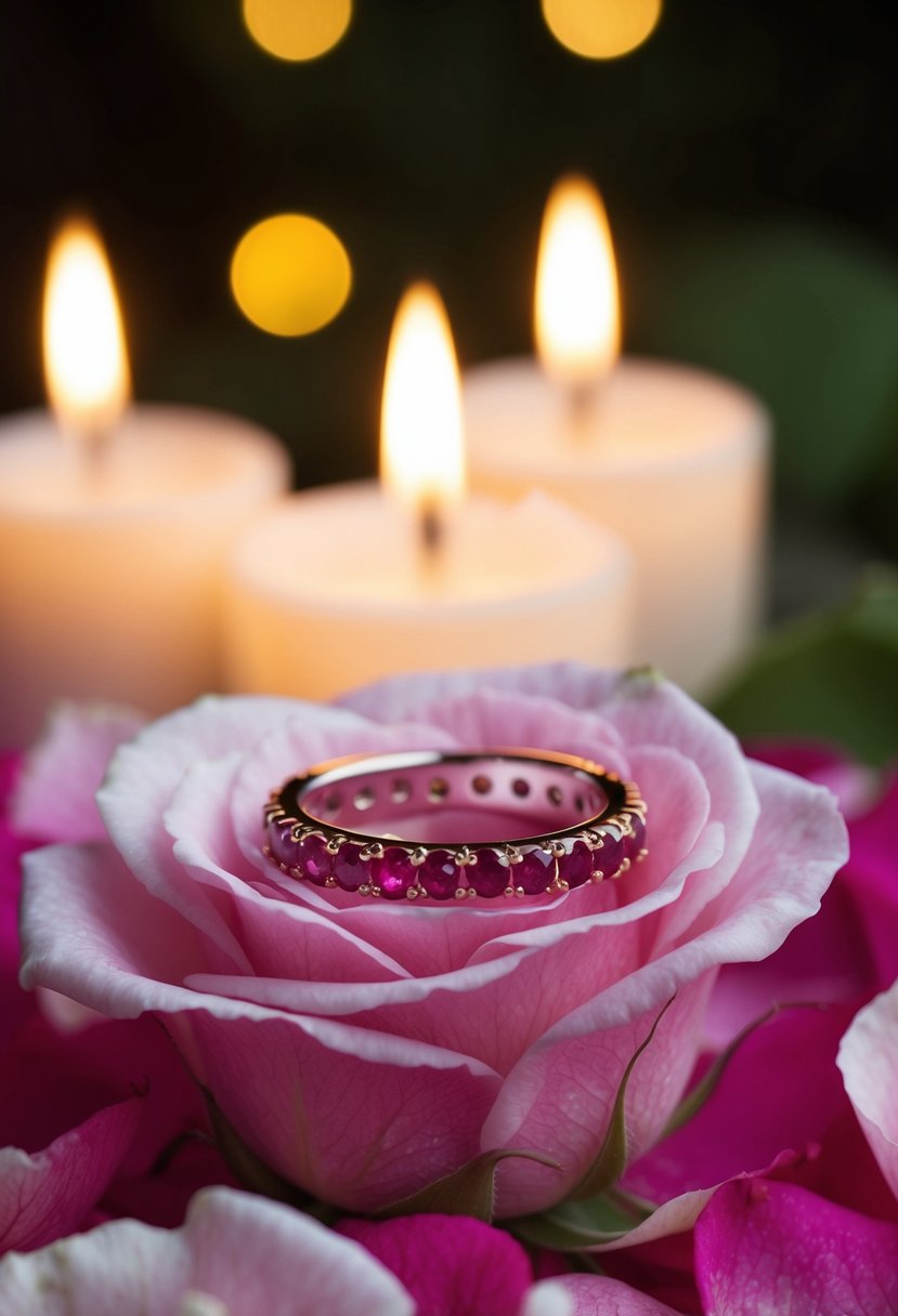 A delicate ruby eternity band rests on a bed of rose petals, surrounded by soft candlelight