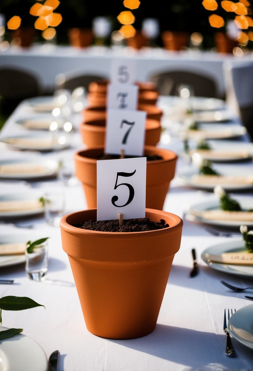 Terracotta pots arranged in a row, each marked with a different table number for a wedding reception