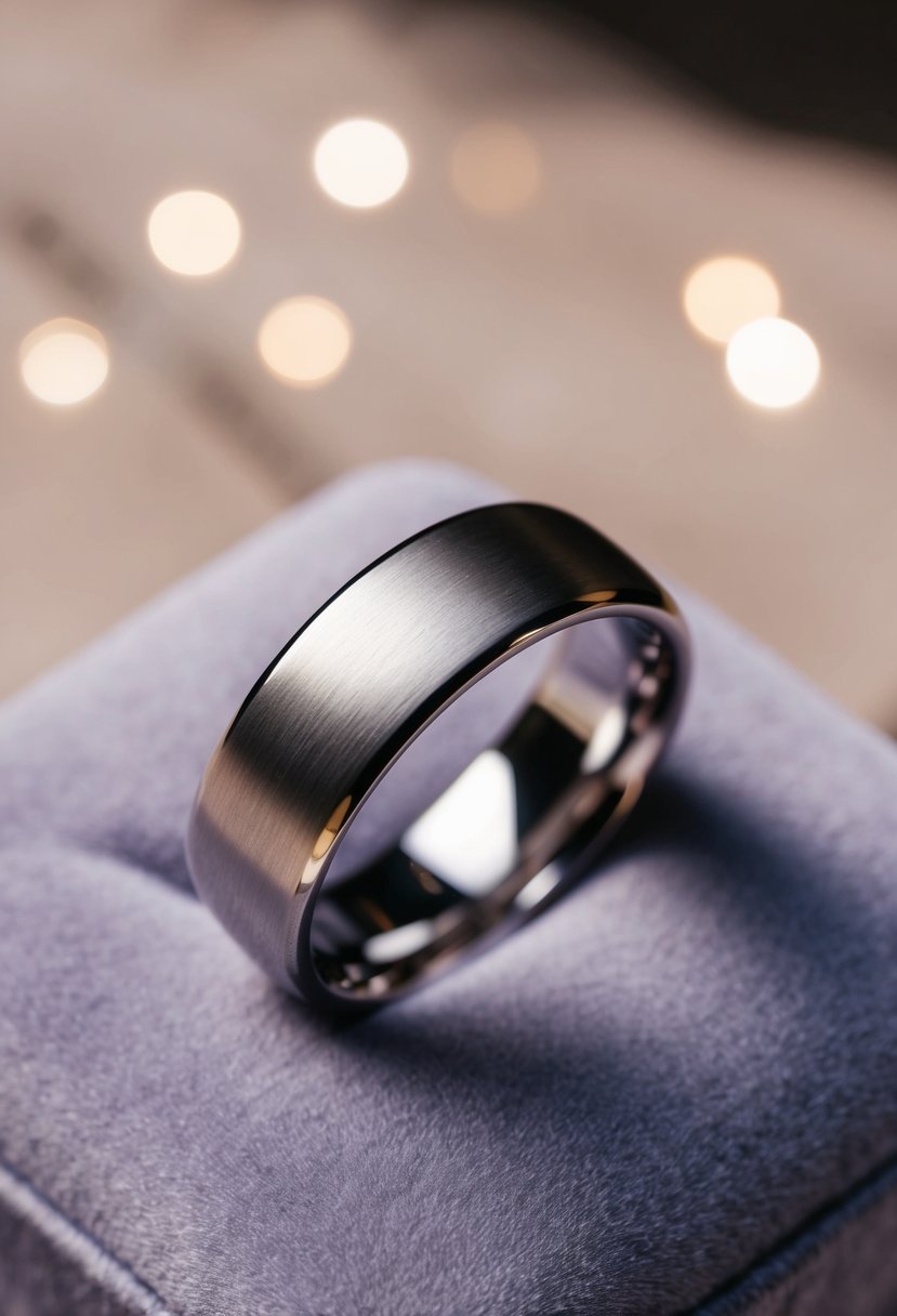 A gleaming platinum wedding band rests on a velvet cushion, catching the light with its brushed finish