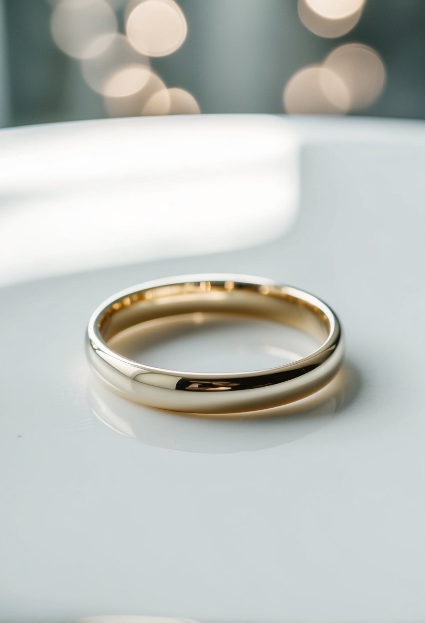 A simple white gold band resting on a clean, white surface