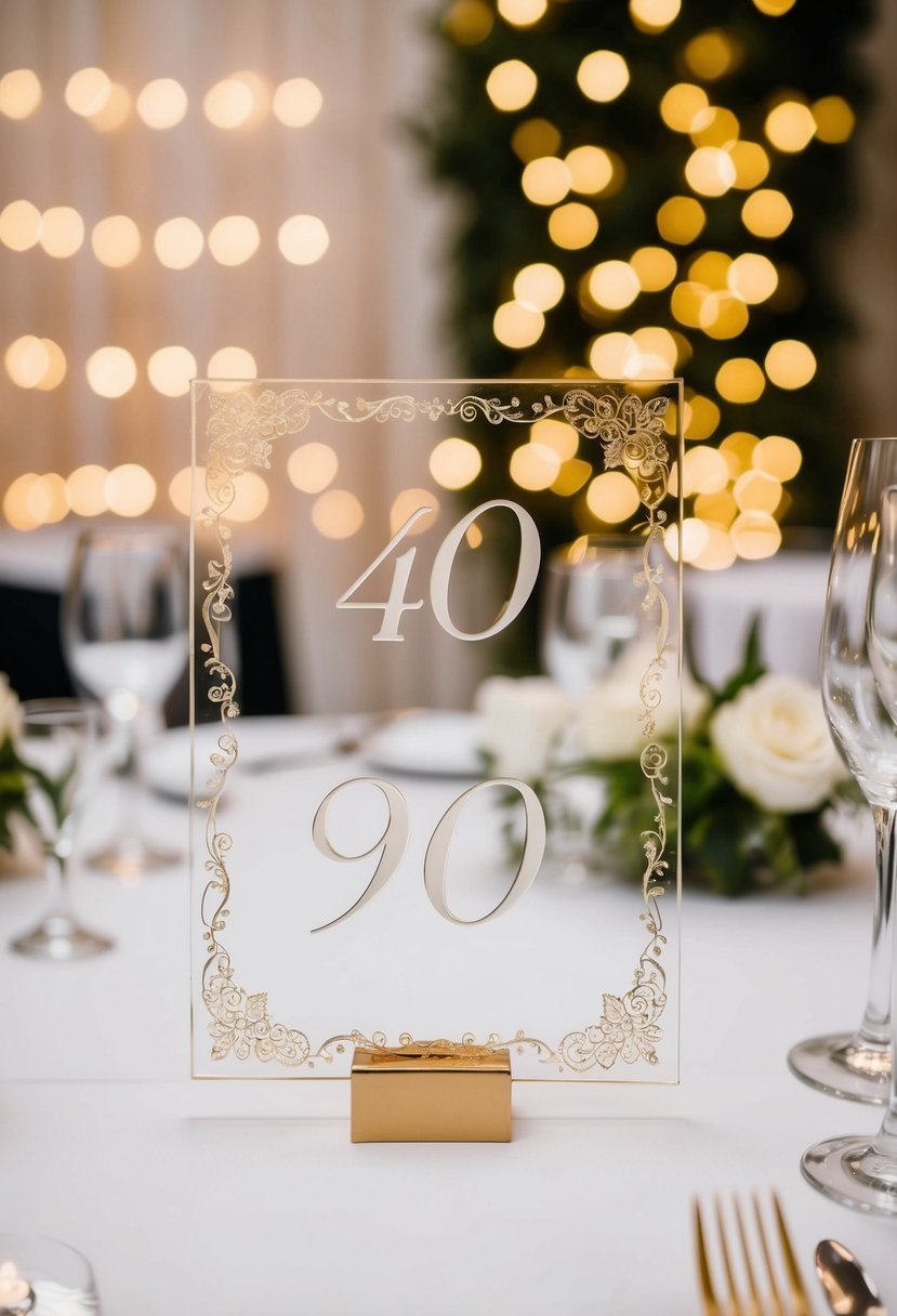 A table adorned with elegant engraved acrylic sheets displaying numbers for a wedding event