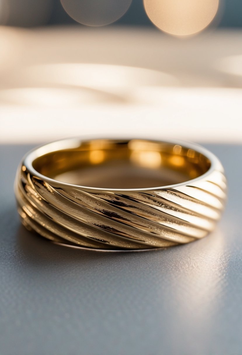 A close-up of a wavelet textured gold wedding band on a smooth surface, catching the light with a subtle shimmer