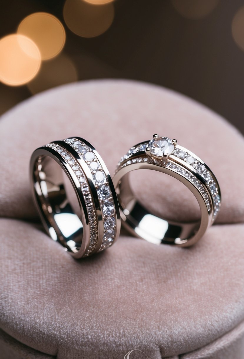 Two matching wedding rings, one slightly larger than the other, with intricate designs and sparkling gemstones, sitting side by side on a soft, velvet cushion