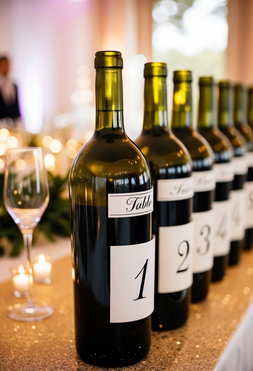 Customized wine bottles lined up with table numbers for a wedding reception