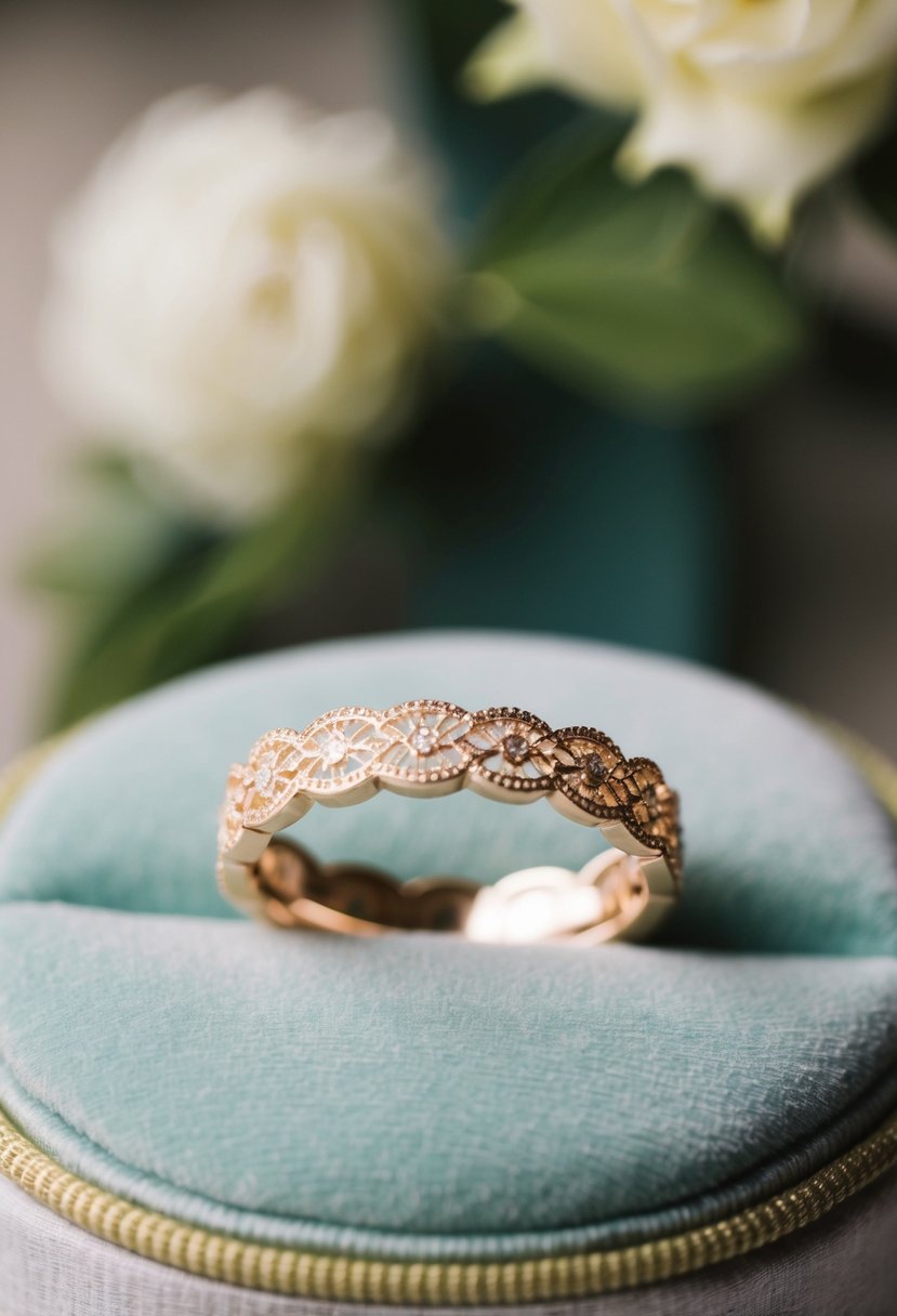 A delicate wedding band with intricate filigree lace design, resting on a velvet cushion in soft natural light