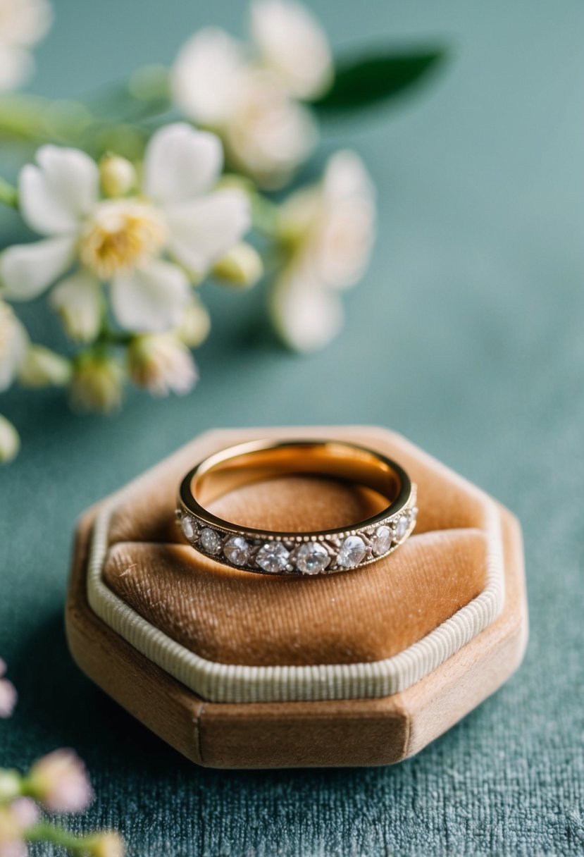 A vintage milgrain band wedding ring resting on a velvet cushion with soft lighting and delicate floral accents