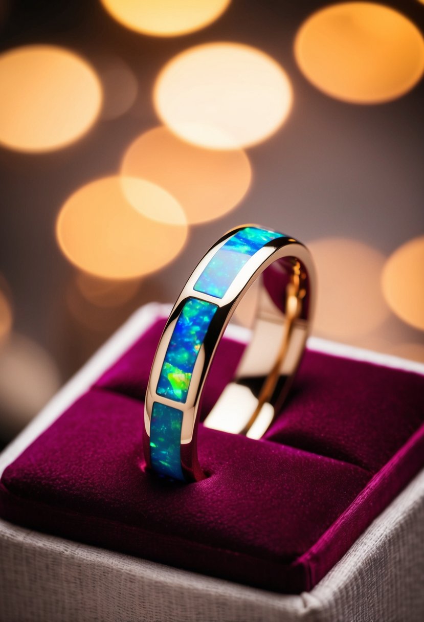 A white gold band with opal inlay sits on a velvet cushion under soft, warm lighting