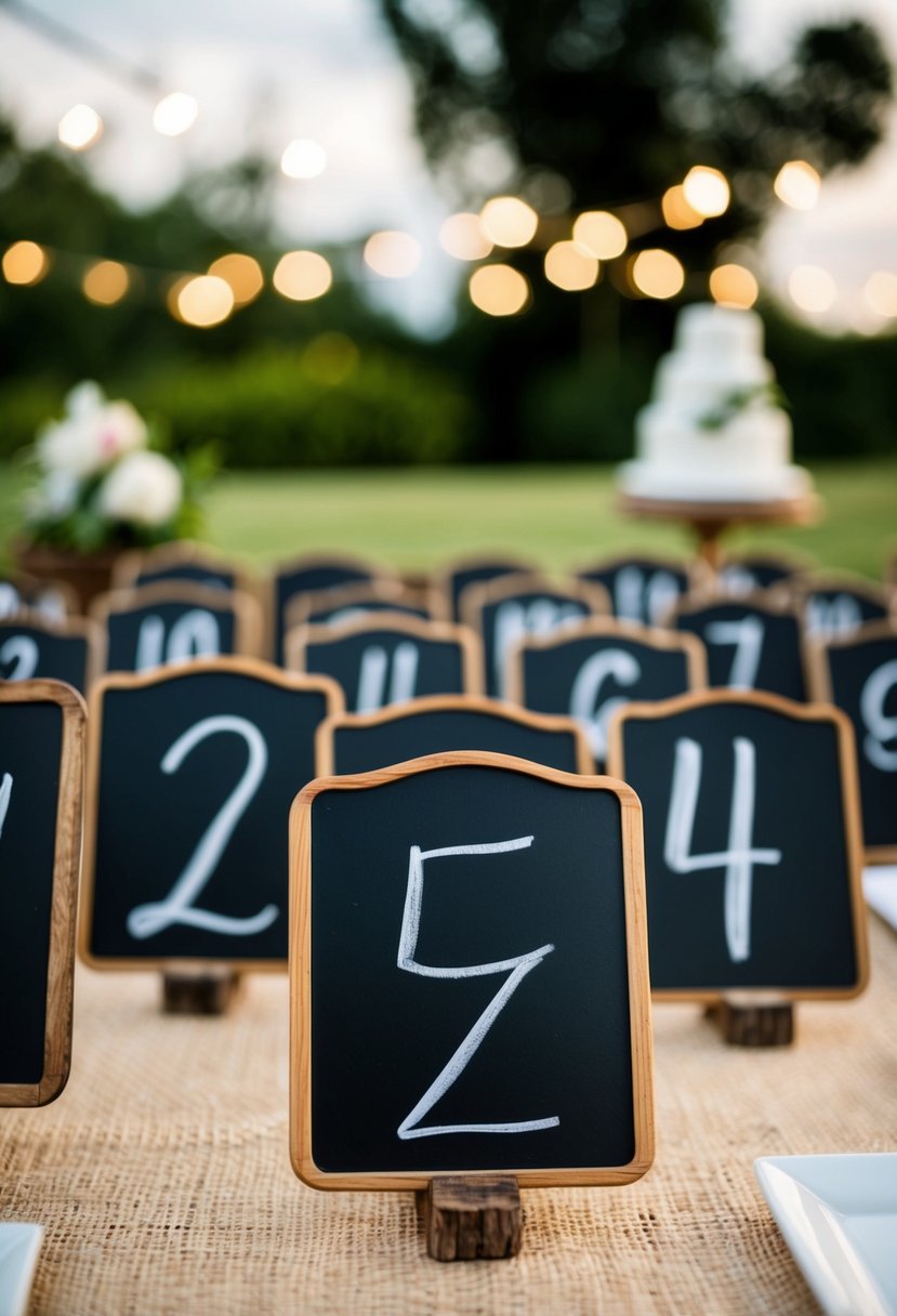 Mini chalkboards with handwritten numbers arranged on a rustic table for a wedding reception