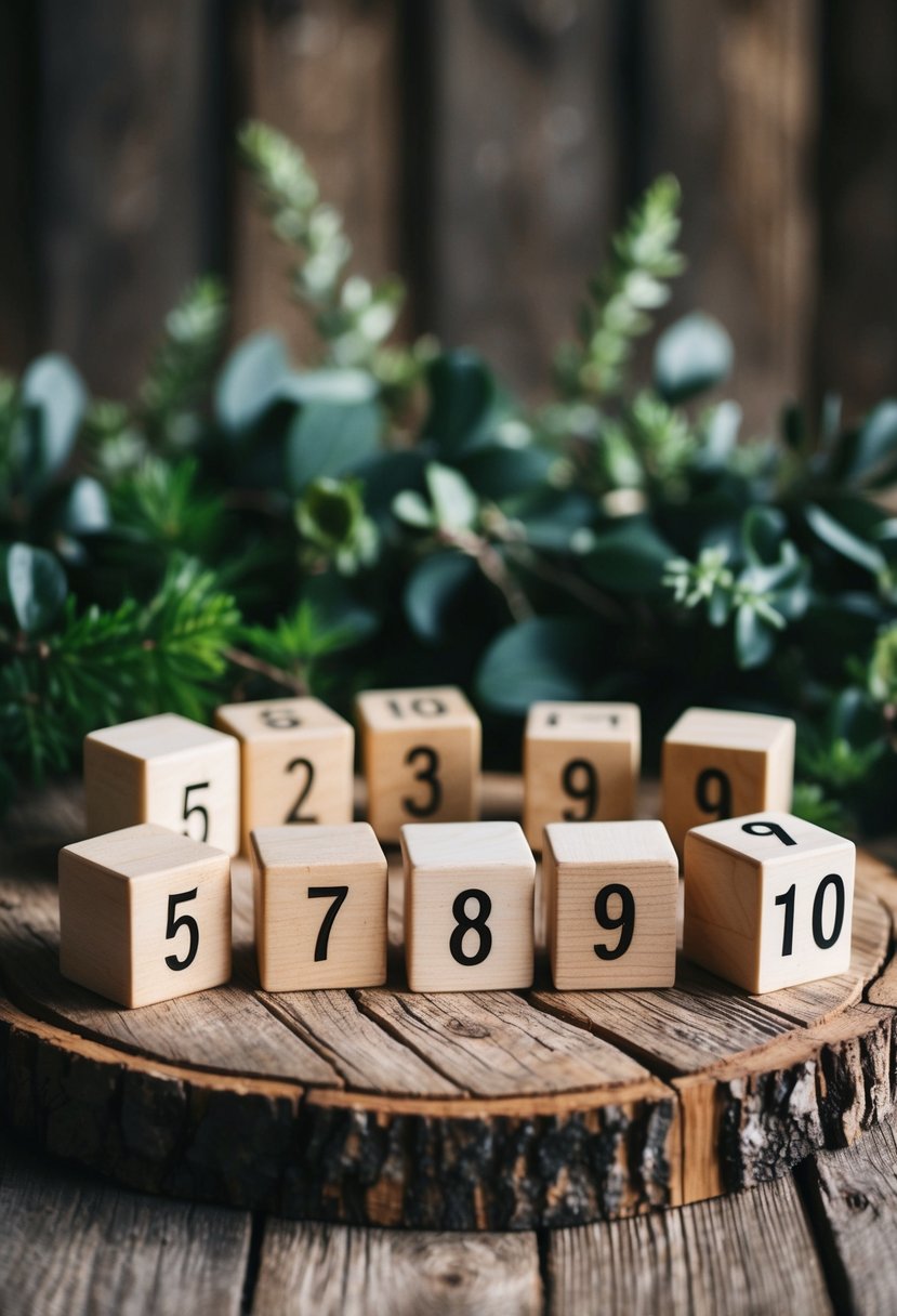 Wooden block numbers arranged on a rustic wooden table, surrounded by greenery and natural decor