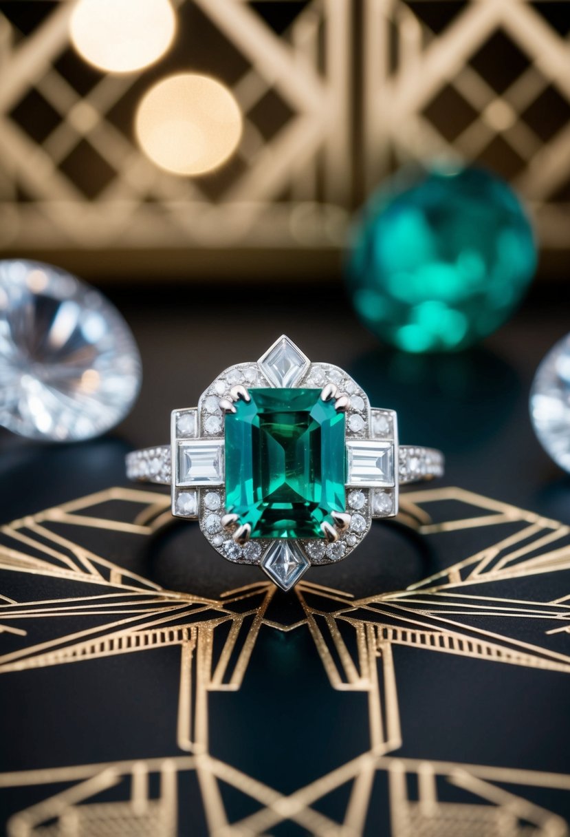 A sparkling emerald ring set in an intricate Art Deco design, surrounded by geometric patterns and glamorous details