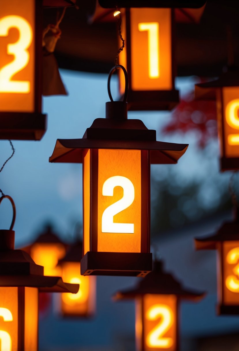 Lanterns casting warm light with glowing numbers