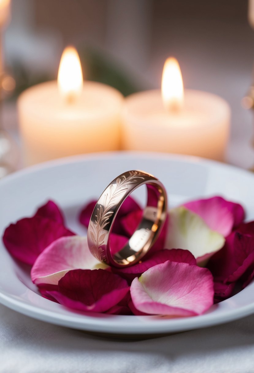 A delicate, custom-engraved wedding band rests on a bed of rose petals, surrounded by soft candlelight