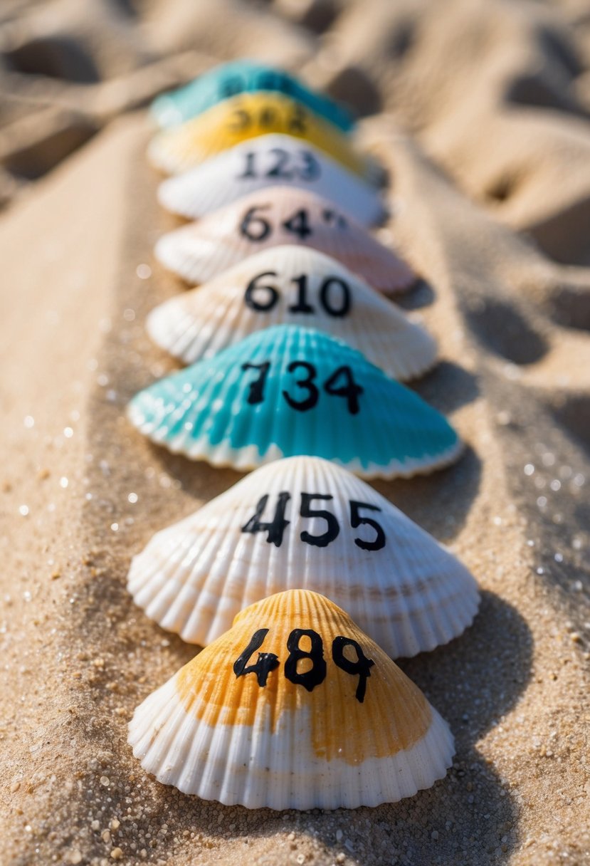 Seashells arranged by size, each painted with a different table number, displayed on a sandy beach