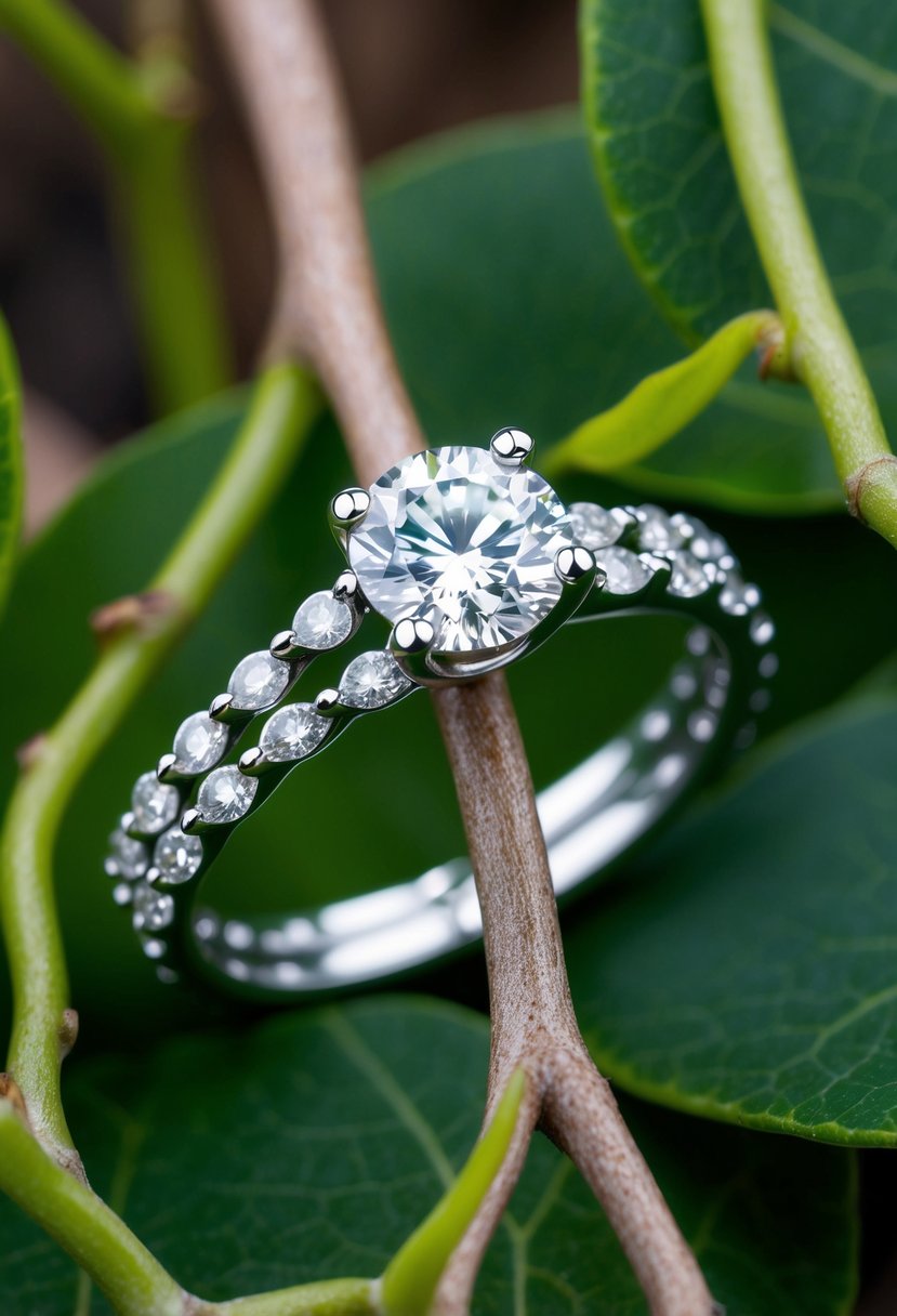 A delicate vine wraps around a diamond band, intertwining with twisted branches and leaves for a nature-inspired wedding ring design