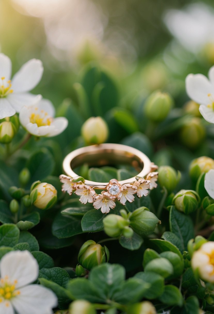 A delicate floral-inspired ring rests on a bed of fresh blossoms and greenery, bathed in soft, natural light