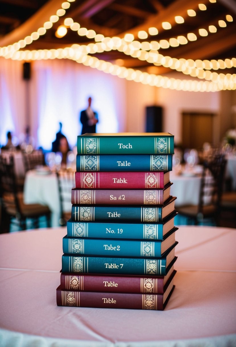 A stack of books with table numbers on the covers arranged on a decorated wedding reception table