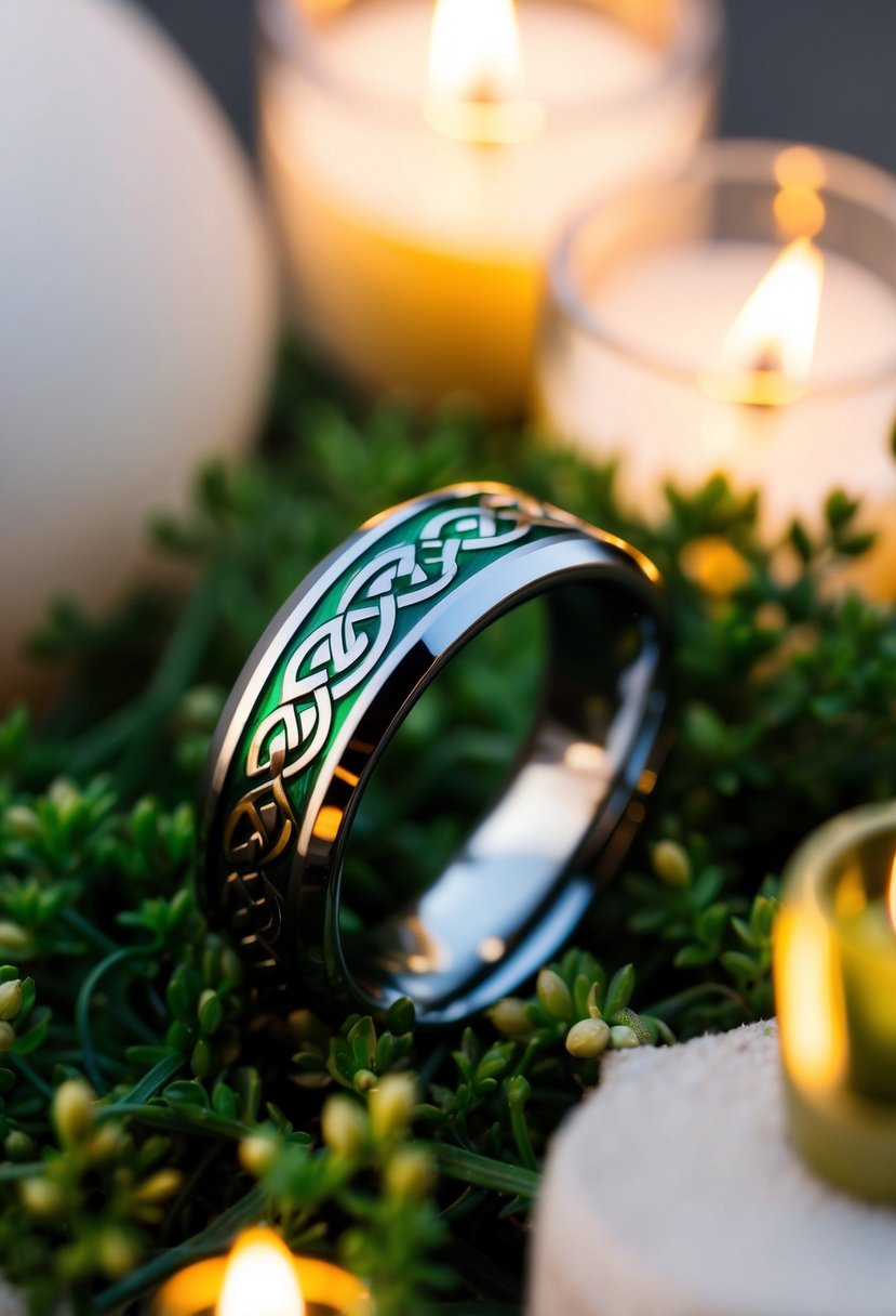 A close-up of a Celtic knot tungsten wedding band resting on a bed of greenery and surrounded by soft candlelight