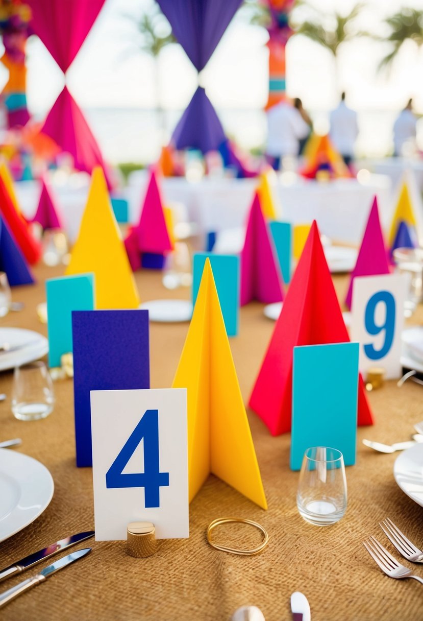 Colorful geometric shapes arranged with vibrant table numbers for a wedding celebration