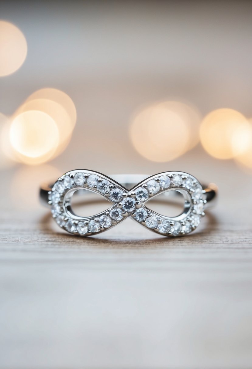 A sparkling silver band curls into the shape of an infinity symbol, glinting in the soft light