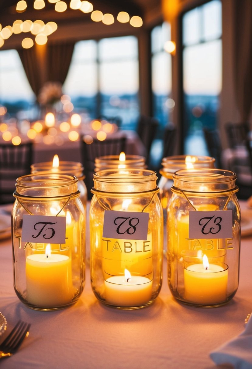 Jars filled with flickering candles, each labeled with a different table number, casting a warm glow over the wedding reception