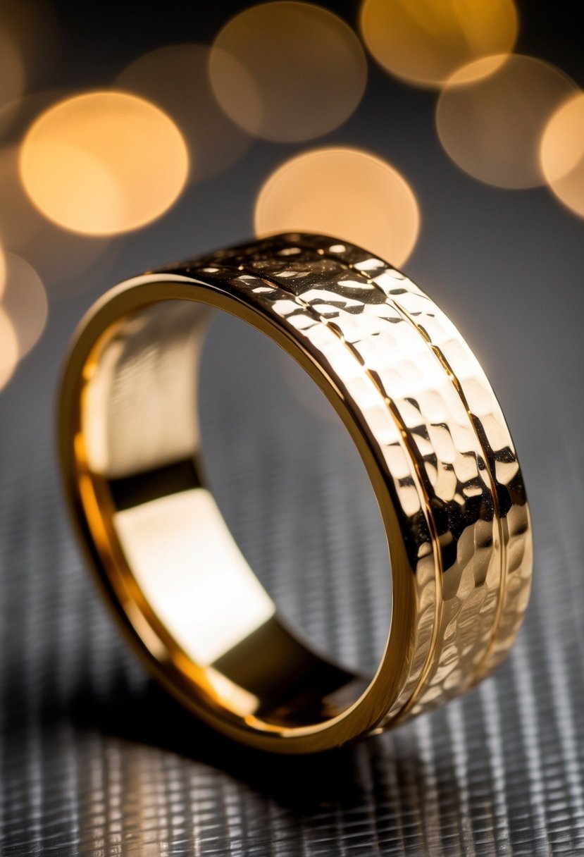 A gleaming gold band with a hammered finish, catching the light with its weighty and timeless design