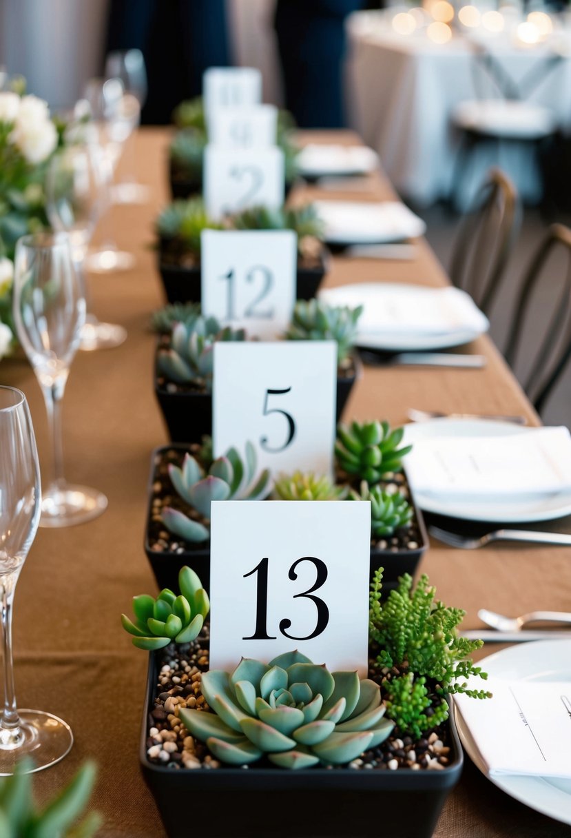 A set of succulent planters arranged in a row, each displaying a different table number for a wedding reception