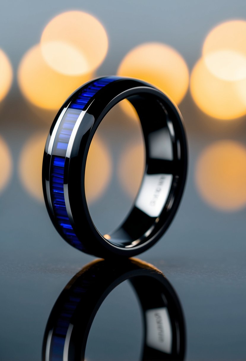 A sleek black zirconium band with a bold blue stripe, resting on a reflective surface with soft lighting