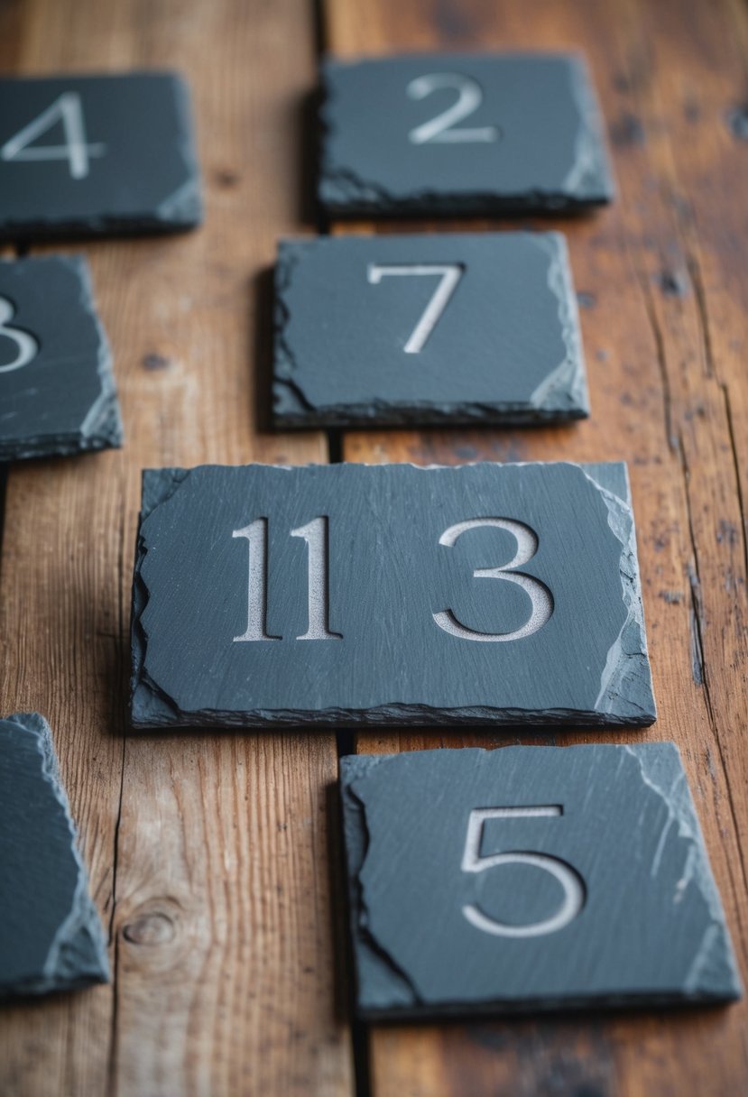 Slate tiles with engraved numbers arranged on a rustic wooden table