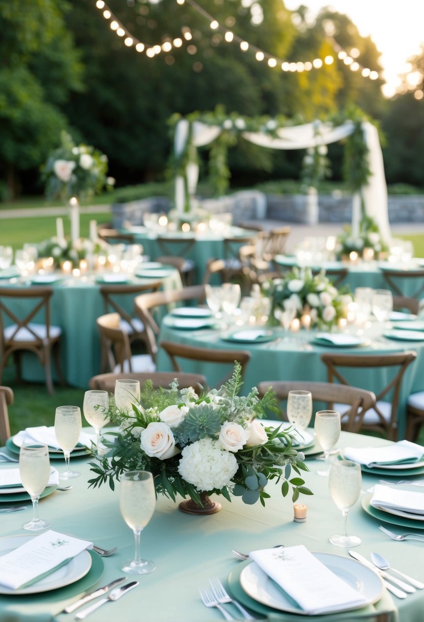 A serene outdoor wedding reception adorned with sage green linens, floral centerpieces, and delicate greenery accents