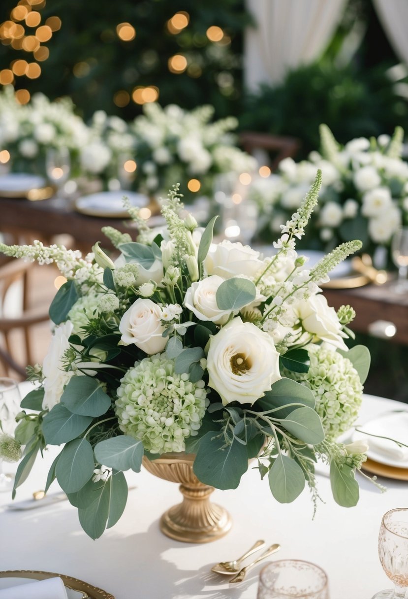 Lush sage green and ivory florals adorn a romantic wedding setting