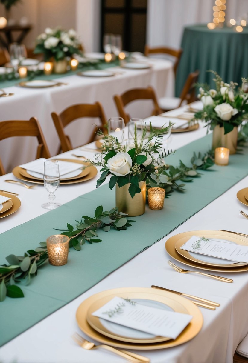 Sage green table runners with gold accents adorn a wedding reception table