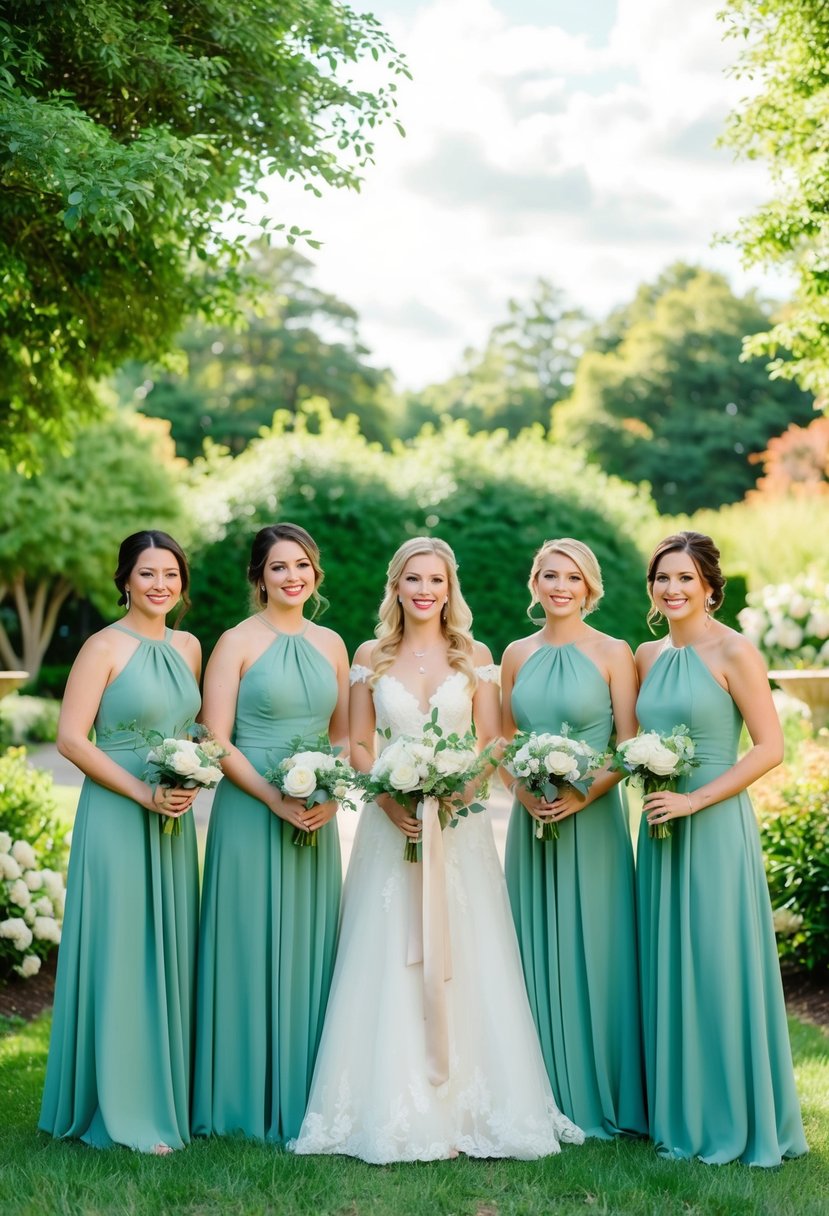 Sage green bridesmaid dresses and wedding decor in a lush garden setting