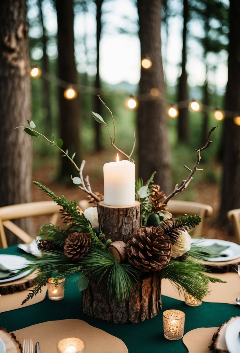 A woodland-themed wedding with camo decor, rustic accents, and natural elements