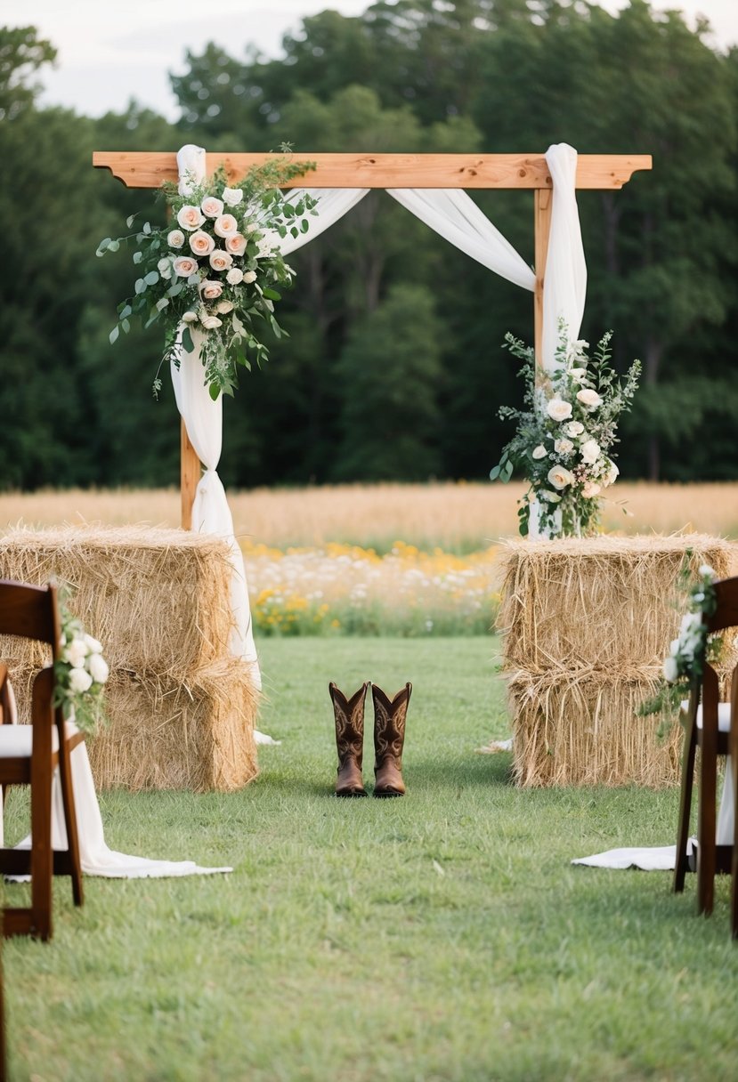 A rustic outdoor wedding ceremony with a wooden arch, hay bales, cowboy boots, and wildflowers