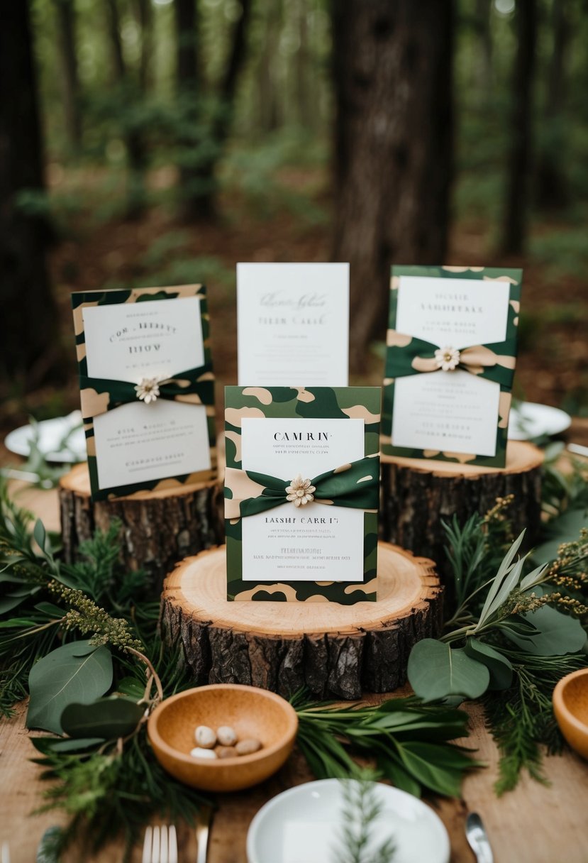 A woodland setting with camo-patterned wedding invitations displayed on a rustic table, surrounded by greenery and natural elements