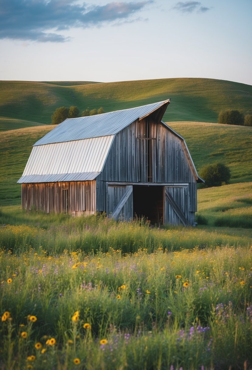 A weathered barn with wooden beams and a tin roof, surrounded by rolling hills and wildflowers