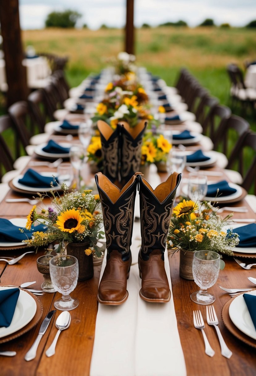 A table adorned with cowboy boot centerpieces, surrounded by rustic decor and wildflowers, sets the scene for a western-themed wedding