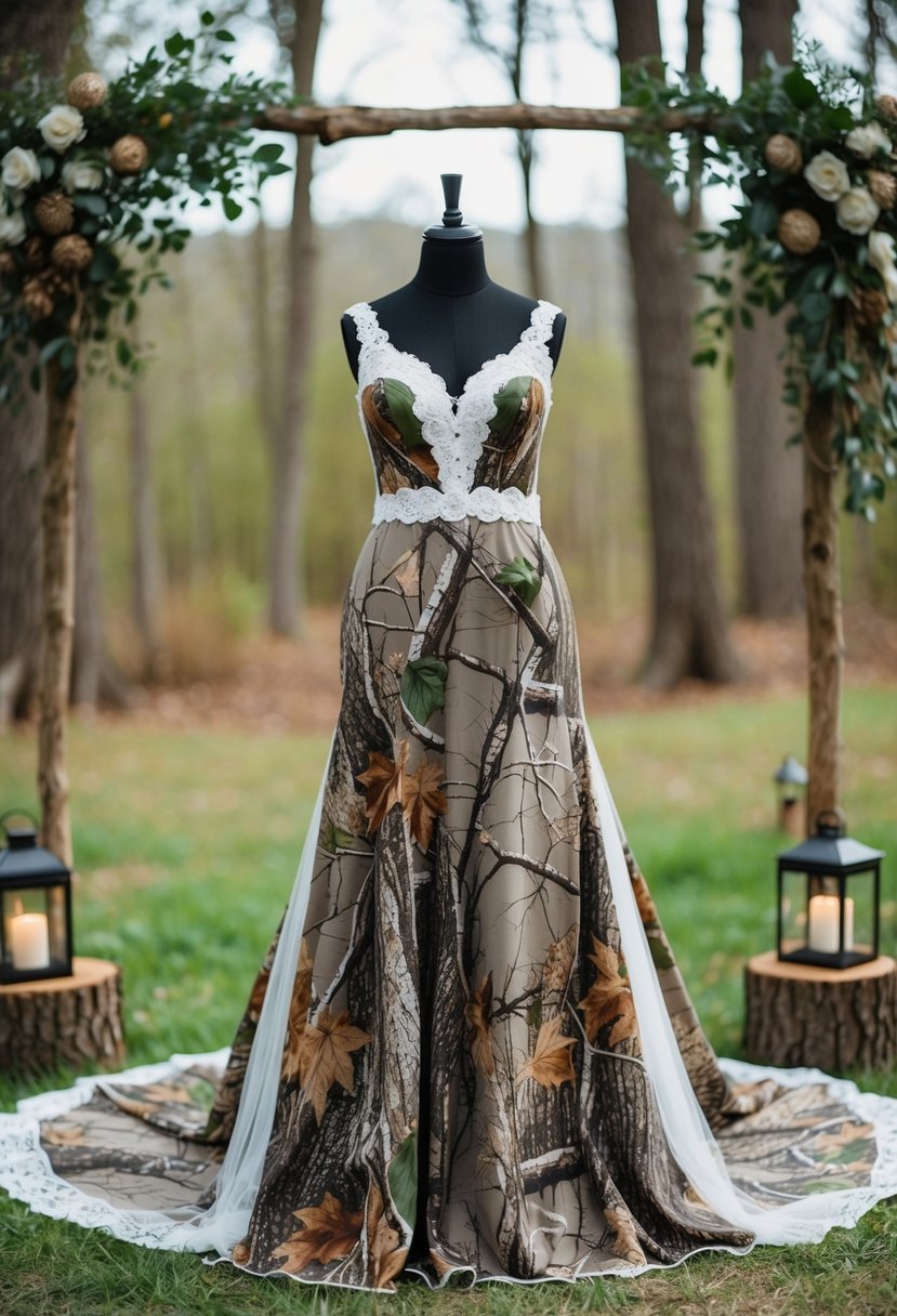 A wedding dress with camouflage accents displayed in a rustic outdoor setting with woodland elements and nature-inspired decor