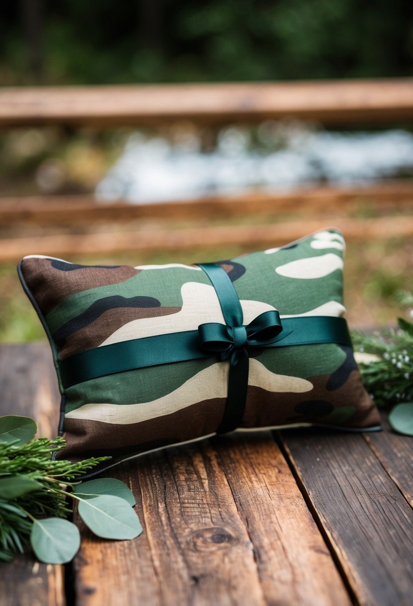 A camo ring bearer pillow displayed on a rustic wooden table with woodland elements and greenery accents