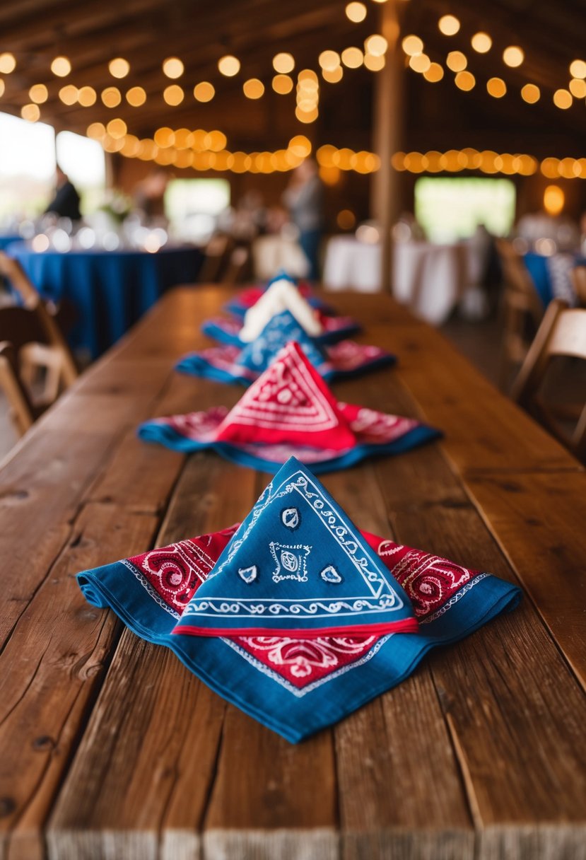 Colorful bandana napkins arranged on a rustic wooden table at a western-themed wedding reception