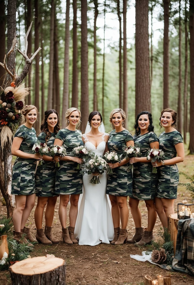 A group of bridesmaids in camo dresses stand in a forest clearing, surrounded by woodland decor and rustic wedding details