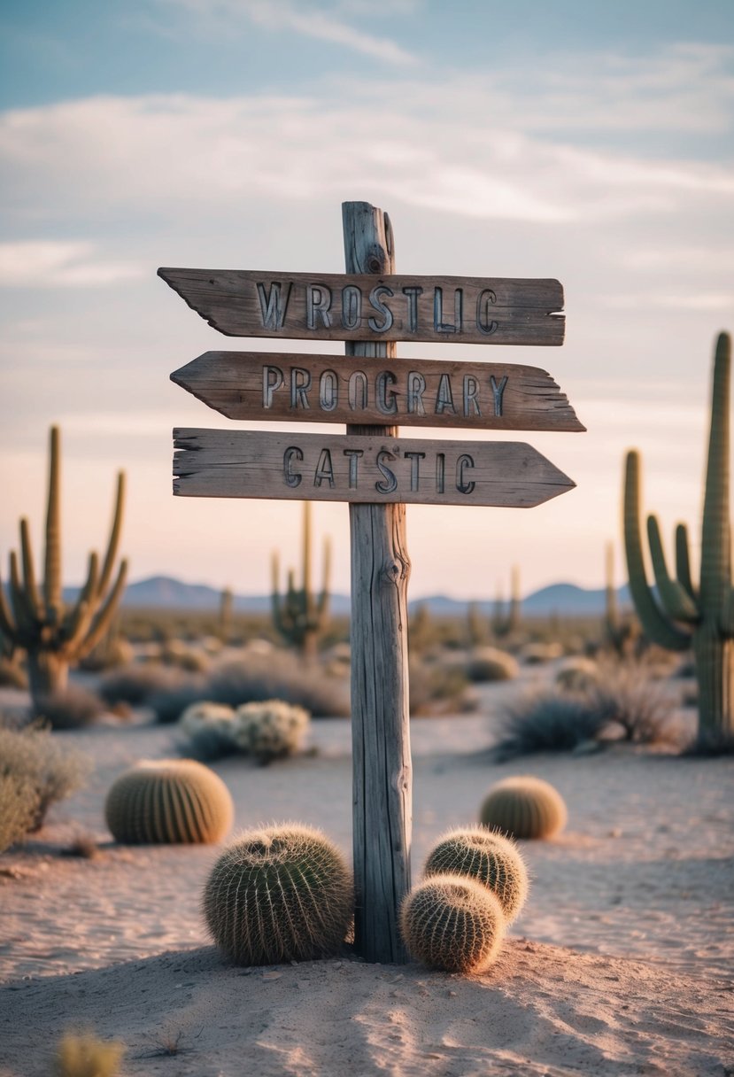 A rustic wooden signpost with carved lettering stands in a desert landscape, surrounded by cacti and tumbleweeds